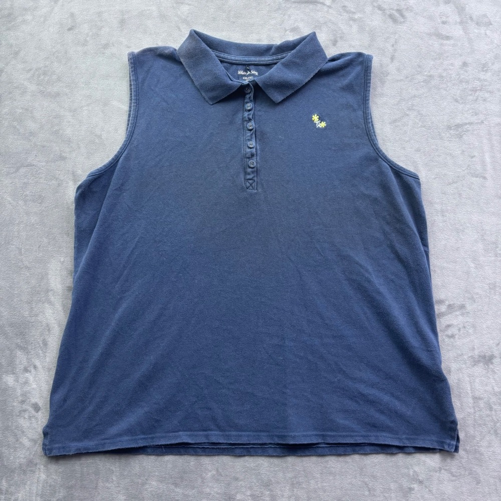 White Stag Womens XXL Navy Blue Sleeveless Polo Shirt Floral Embroidered Top